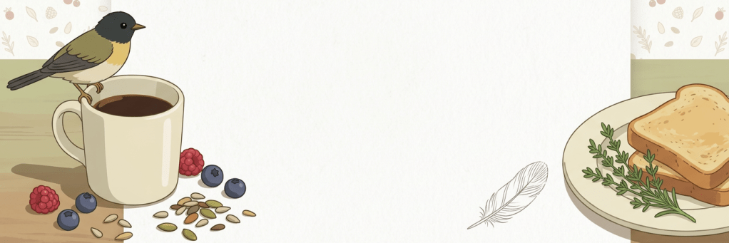 A cozy breakfast scene featuring a cup of coffee, a bird perched atop it, a plate with a slice of toast and herbs, and scattered berries and seeds on the table.